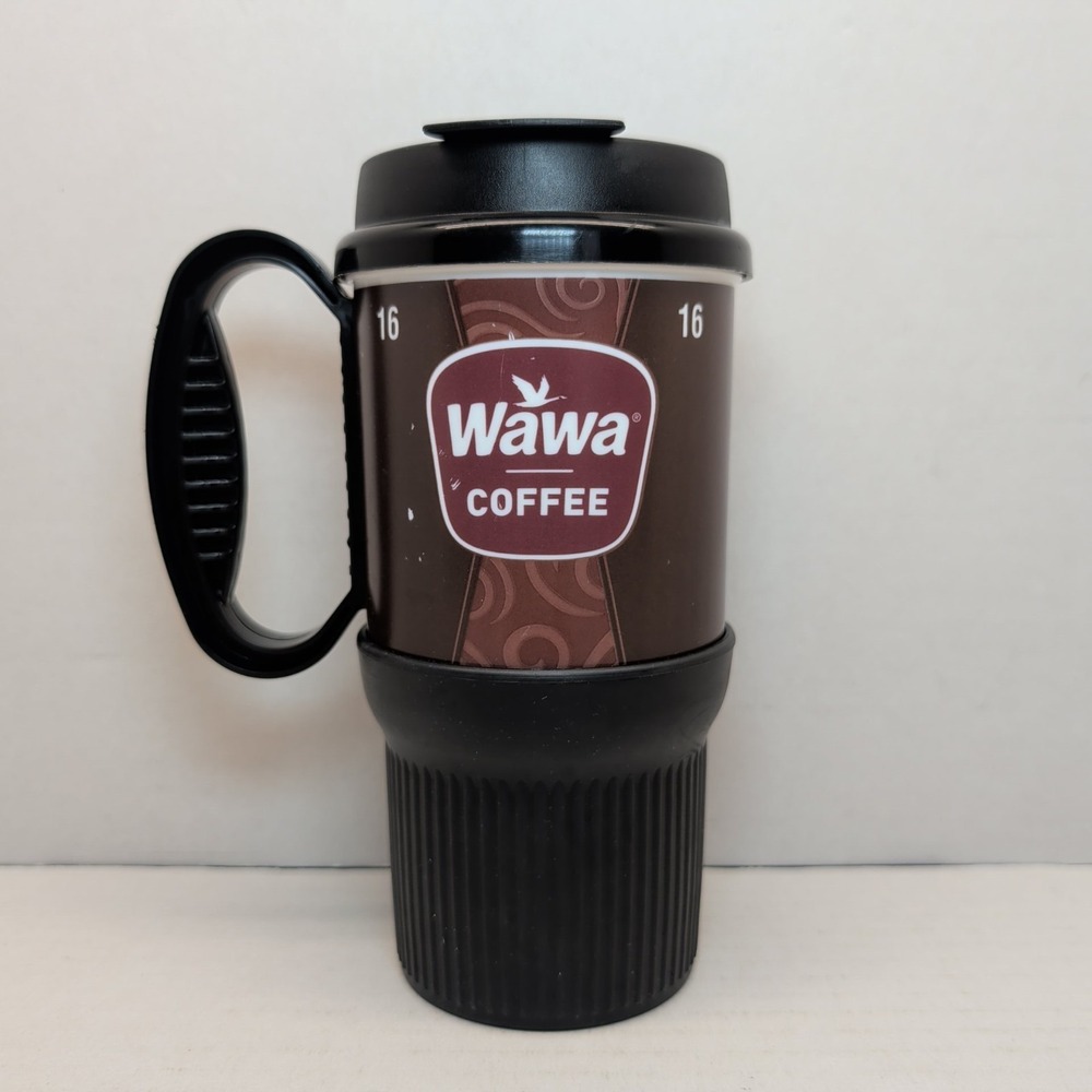 Wawa 16oz Travel Coffee Mug w/Lid Plastic Tumbler Whirley Brown Black